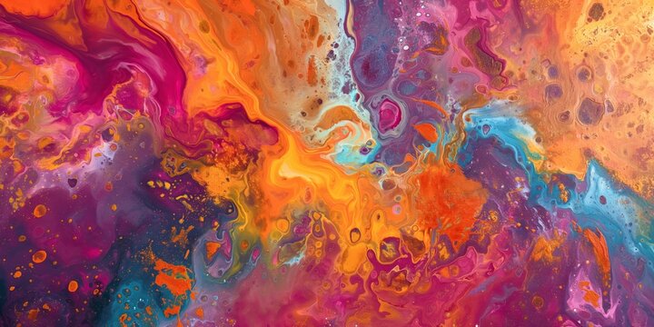 Mesmerizing abstract liquid paint pattern with vibrant swirls of orange, purple, and blue, reminiscent of a cosmic nebula in fluid motion