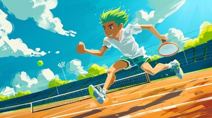 A Boy with racket in his hand playing tennis on the court, Kid sport player. Children book illustration