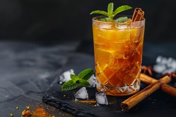 a glass of liquid with ice and cinnamon sticks - obrazy, fototapety, plakaty