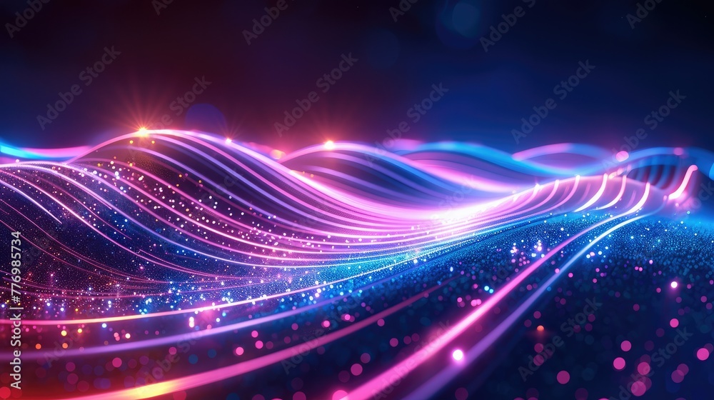 Poster abstract background with neon blue and pink lines, glowing light effects. generative ai.