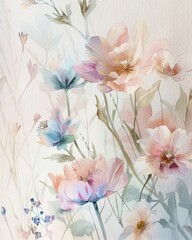 watercolor floral romantic  background style, bouquet group of spring flowers, delicate palette and shapes, pale pink tones
