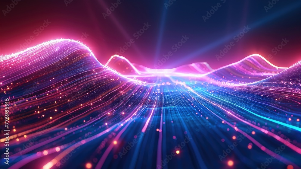 Poster abstract background with neon blue and pink lines, glowing light effects. generative ai.