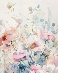 watercolor floral romantic  background style, bouquet group of spring flowers, delicate palette and shapes, pale pink tones