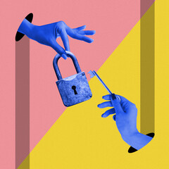 Poster. Contemporary art collage. close-up of two hands in blue filter holding padlock and key...