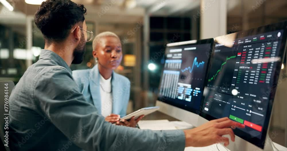 Poster team, people and computer screen on stock market for trading with discussion on trends and reading d