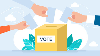 Voting concept. Hands putting paper in the ballot box. Vote ballot box. Group of people putting paper vote into the box. Election concept. Referendum and poll choice event. Vector illustration
