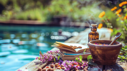 Bowl filled with colorful flowers sits next to a book on a table near a swimming pool on a sunny day