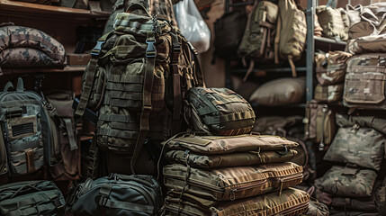 A highly detailed image portraying various military tactical gear and bags arranged for display