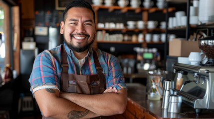 Fototapeta premium The Hispanic or Latinx owner of the small coffee shop business smiled and crossed his arms