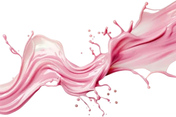 Rolgordijnen Strawberry milk swirl splash with little bubbles isolated on  background, pink water liquid wave, yogurt milk shake spatter, cosmetic face cream or lotion. © TANATPON
