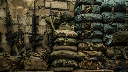 A detailed display of equipped military backpacks and assault rifles leaning against a rough wall illustrating preparedness - obrazy, fototapety, plakaty