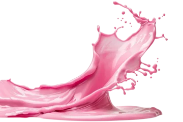 Selbstklebende Fototapeten Strawberry milk swirl splash with little bubbles isolated on  background, pink water liquid wave, yogurt milk shake spatter, cosmetic face cream or lotion. © TANATPON