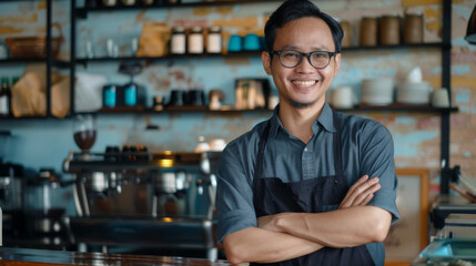 The Southeast Asian owner of the small coffee shop business smiled and crossed his arms - obrazy, fototapety, plakaty