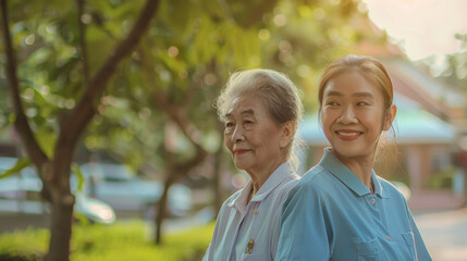 The Southeast Asian Young beautiful woman nurse caregiver helping senior woman walk