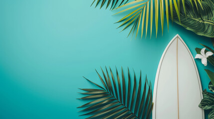 Surfboard with tropical foliage on a vivid turquoise backdrop.