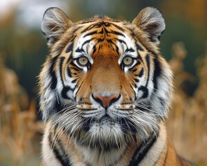 Close up of a Siberian tiger, set against a lush forest background that enhances the animals majestic charm