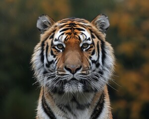 Close up of a Siberian tiger, set against a lush forest background that enhances the animals majestic charm - obrazy, fototapety, plakaty