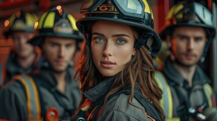 Group of male and female firefighters wearing their firefighting uniforms inside of a firehouse. Generative AI.