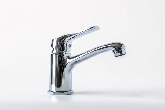 a silver faucet with a white background