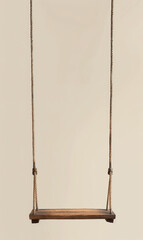 Wooden swing with sturdy ropes on a subtle beige background.