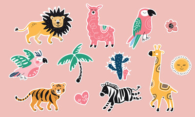 Naklejka premium Set of stickers. Giraffe, lion, tiger, palm tree, sun, zebra, parrots.