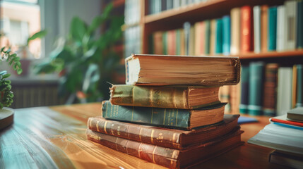 Warm sunlight casts over a pile of antique books, creating a nostalgic ambiance of classical education and heritage - obrazy, fototapety, plakaty