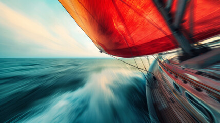 Speeding Sailboat with Red Sail on Open Sea