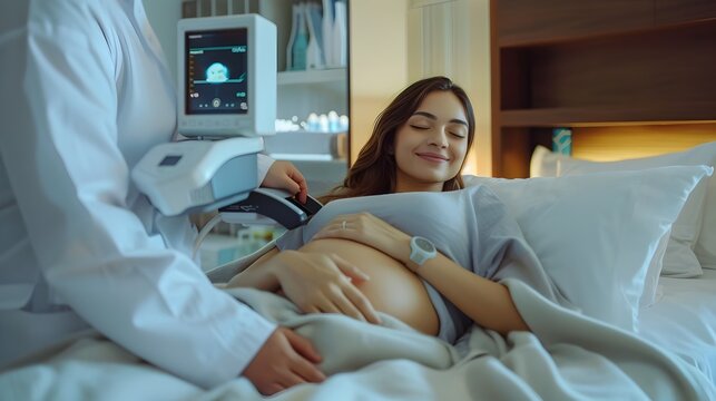 Pregnant Woman Experiences Peaceful Anticipation During Modern Prenatal Checkup Generative ai