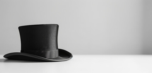 Black top hat with a clean profile view on a grey background.