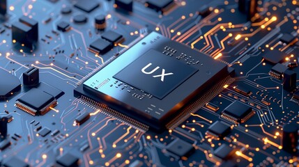 A close-up view of a sophisticated microchip circuit board with the acronym UX prominently displayed, symbolizing the integration of user experience design in modern technology. - obrazy, fototapety, plakaty