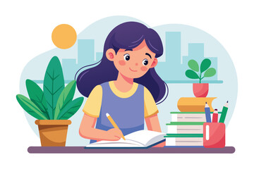 Little girl enjoys writing, a creative moment vector cartoon illustration. Schoolgirl focused on study, classroom scene.