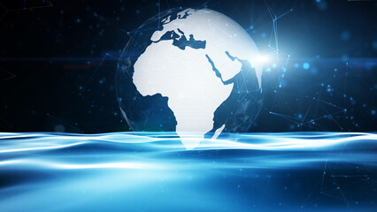 Futuristic network earth planet with glowing waves. Artistic artificial intelligence globe in digital cyberspace illustration background.