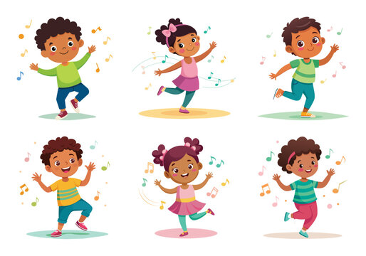 Energetic children dancing and enjoying music, vector cartoon illustration.