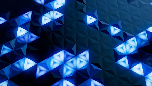 Illuminated, Blue Geometric Surface with Triangular Pyramids. Modern, Neon 3d Texture.