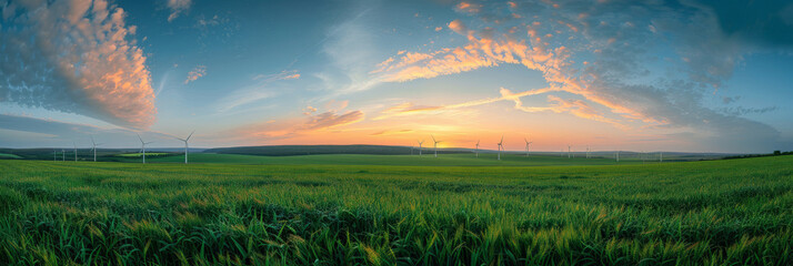 A panoramic view of wind turbines on  green field, eco energy