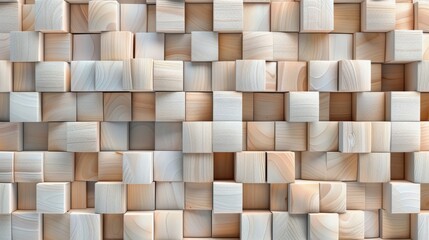 A wall constructed from light pine wooden blocks, creating a minimalist and uniform design. Background, wallpaper.