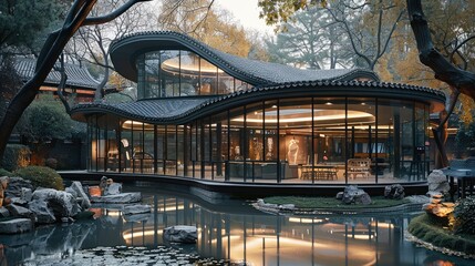 Obraz premium An S-shaped curved glass building with black metal tiles on top and roof elements in the style of Chinese style. In the park. Generative AI.