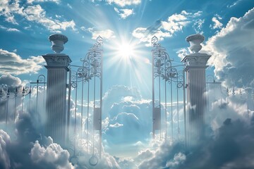 a gate with clouds and sun shining through it