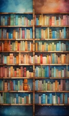 Detailed watercolor painting illustration of colorful old books in library, whimsical vibe, magical children story book concept 