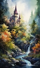 Whimsical forest with a castle on a hill, Watercolor painting, invitation card, wallpaper, banner