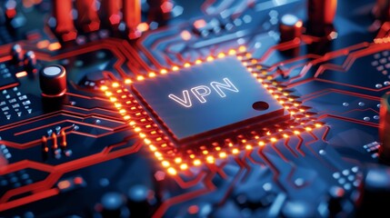 A close-up view of an electronic microchip circuit board with the acronym VPN visibly printed on its surface, symbolizing digital security and privacy technology. - obrazy, fototapety, plakaty