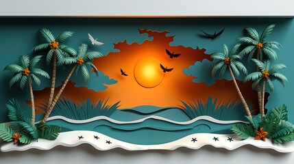 Obraz premium Scenic tropical sunset with palm trees silhouetted against the colorful sky