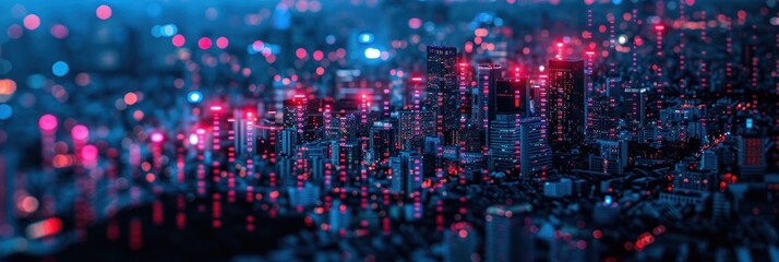 Urban scene featuring buildings and streets lit up by red and blue lights - obrazy, fototapety, plakaty