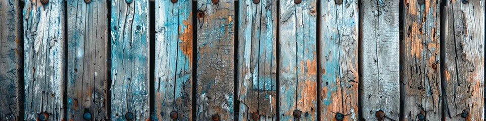 A close-up view of a wooden fence showing signs of aging with rusted paint peeling off. Background, banner. - obrazy, fototapety, plakaty