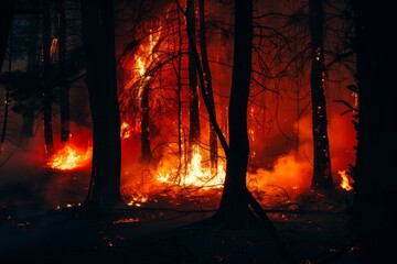 Intense wildfire raging through forest