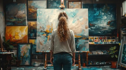 An artist stands in an open studio, holding a paintbrush and facing an unfinished painting. Generative AI.