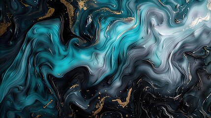 Fototapeta premium Abstract painting featuring blue and black colors with gold accents