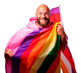 Hombre calvo con barba sonriente envuelto con la bandera gay