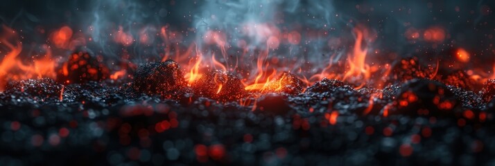 Numerous fire flames burning intensely in a dark setting - obrazy, fototapety, plakaty