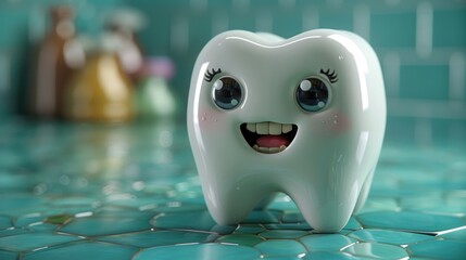 A tooth displaying a smile and eyes on the surface